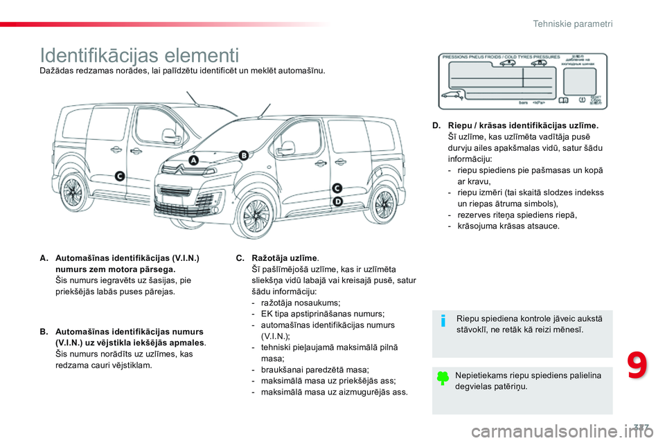 CITROEN JUMPER SPACETOURER 2017 Lietošanas Instrukcija (in Latvian) 327
Spacetourer-VP_lv_Chap09_caracteristiques-techniques_ed01-2016
Identifikācijas elementiDažādas redzamas norādes, lai palīdzētu identificēt un meklēt automašīnu.
A.
A
utomašīnas identi CITROEN JUMPER SPACETOURER 2017 Lietošanas Instrukcija (in Latvian) 327
Spacetourer-VP_lv_Chap09_caracteristiques-techniques_ed01-2016
Identifikācijas elementiDažādas redzamas norādes, lai palīdzētu identificēt un meklēt automašīnu.
A.
A
utomašīnas identi