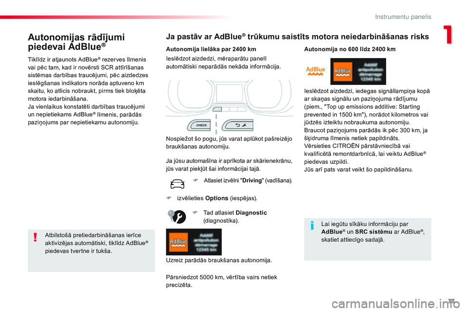 CITROEN JUMPER SPACETOURER 2017  Lietošanas Instrukcija (in Latvian) 33
Spacetourer-VP_lv_Chap01_instruments-de-bord_ed01-2016
Autonomijas rādījumi 
piedevai AdBlue®
Tiklīdz ir atjaunots AdBlue® rezerves līmenis 
vai pēc tam, kad ir novērsti SCR attīrīšanas 