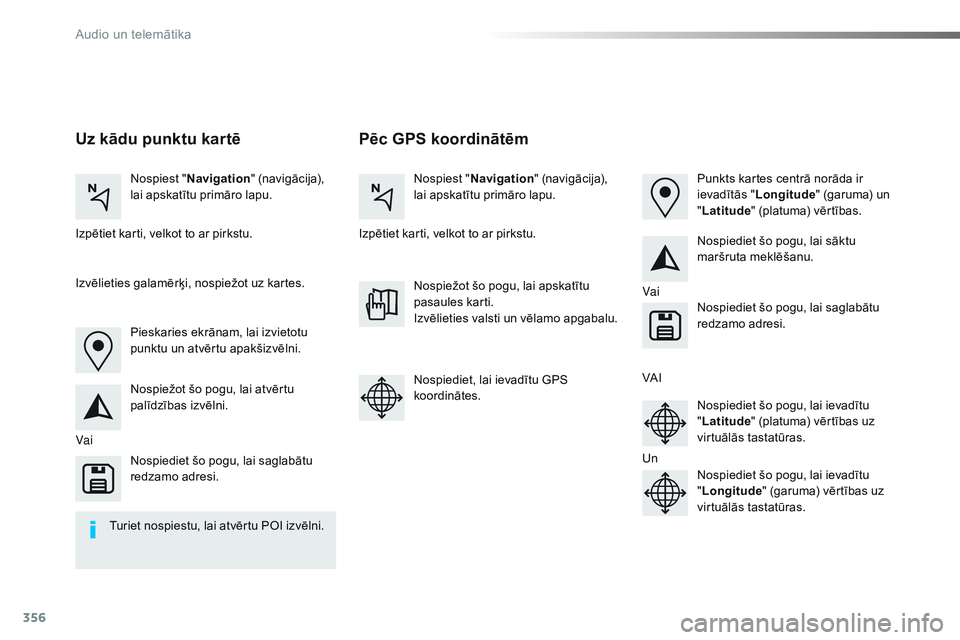 CITROEN JUMPER SPACETOURER 2017 Lietošanas Instrukcija (in Latvian) 356
Spacetourer-VP_lv_Chap10b_NAC-1_ed01-2016
Pēc GPS koordinātēm
Uz kādu punktu kartē
Nospiest " Navigation " (navigācija),
lai apskatītu primāro lapu. Nospiest "
Navigation " CITROEN JUMPER SPACETOURER 2017 Lietošanas Instrukcija (in Latvian) 356
Spacetourer-VP_lv_Chap10b_NAC-1_ed01-2016
Pēc GPS koordinātēm
Uz kādu punktu kartē
Nospiest " Navigation " (navigācija),
lai apskatītu primāro lapu. Nospiest "
Navigation "