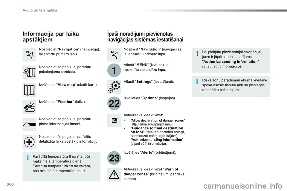 CITROEN JUMPER SPACETOURER 2017  Lietošanas Instrukcija (in Latvian) 366
22
23
1
Spacetourer-VP_lv_Chap10b_NAC-1_ed01-2016
Īpaši norādījumi pievienotās 
navigācijas sistēmas iestatīšanai
Lai piekļūtu pievienotajai navigācijai, 
jums ir jāpārbauda iestatī