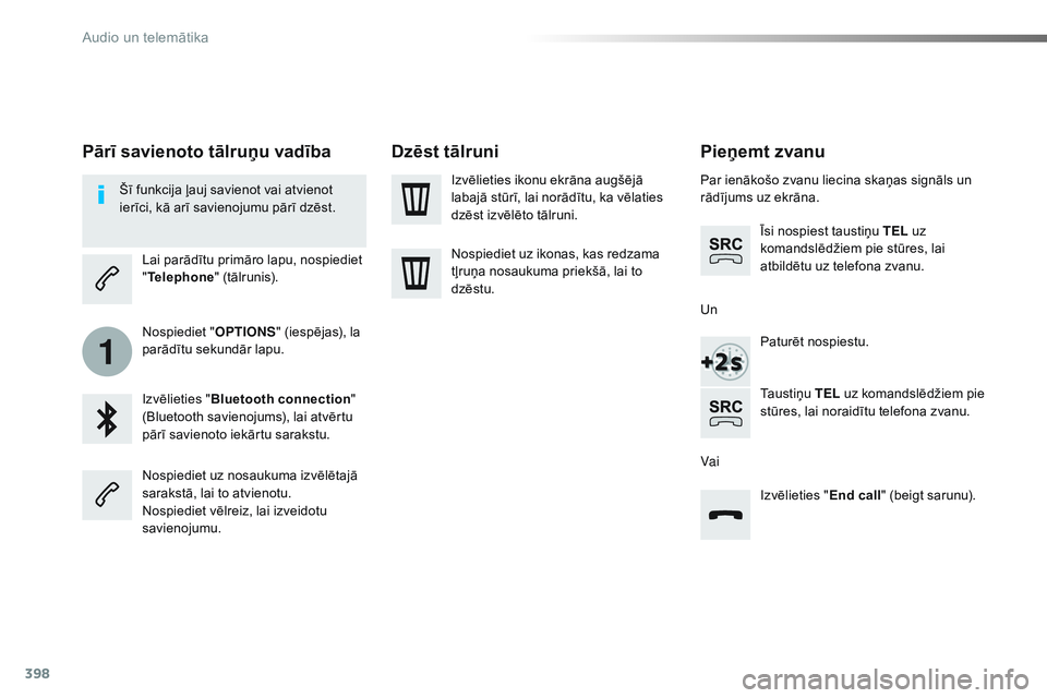 CITROEN JUMPER SPACETOURER 2017 Lietošanas Instrukcija (in Latvian) 398
1
Spacetourer-VP_lv_Chap10b_NAC-1_ed01-2016
Pieņemt zvanu
Par ienākošo zvanu liecina skaņas signāls un
rādījums uz ekrāna.Īsi nospiest taustiņu TEL uz
komandslēdžiem pie stūres, la CITROEN JUMPER SPACETOURER 2017 Lietošanas Instrukcija (in Latvian) 398
1
Spacetourer-VP_lv_Chap10b_NAC-1_ed01-2016
Pieņemt zvanu
Par ienākošo zvanu liecina skaņas signāls un
rādījums uz ekrāna.Īsi nospiest taustiņu TEL uz
komandslēdžiem pie stūres, la