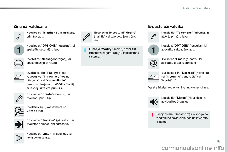 CITROEN JUMPER SPACETOURER 2017  Lietošanas Instrukcija (in Latvian) 401
11
Spacetourer-VP_lv_Chap10b_NAC-1_ed01-2016
E-pastu pārvaldība
Nospiediet šo pogu, lai "Modify" 
(mainītu) vai izveidotu jaunu ātro 
ziņu. Nospiediet "
Telephone" (tālrunis