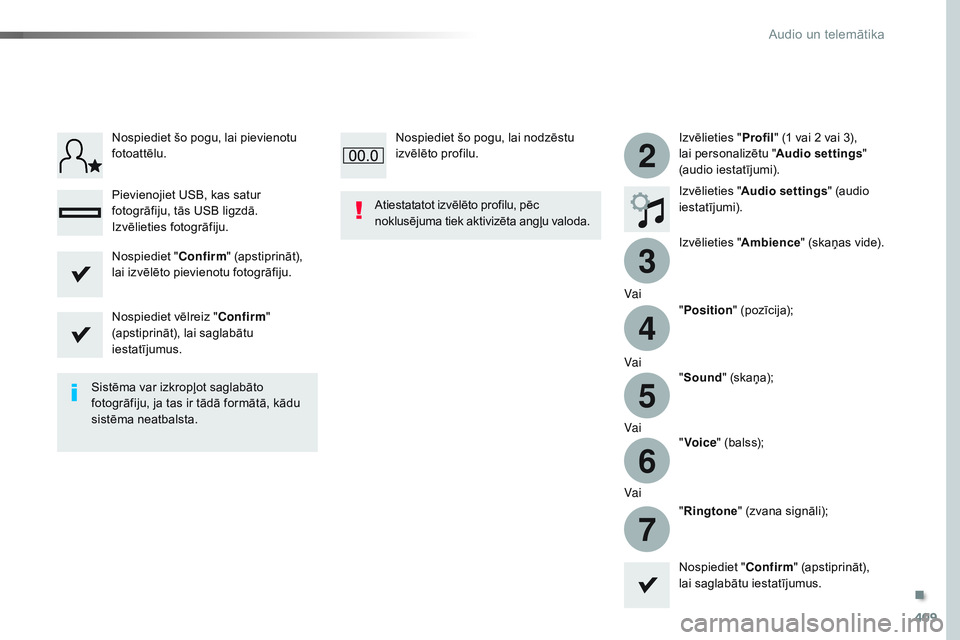 CITROEN JUMPER SPACETOURER 2017 Lietošanas Instrukcija (in Latvian) 409
3
2
4
5
6
7
Spacetourer-VP_lv_Chap10b_NAC-1_ed01-2016
Izvēlieties "Profil" (1 vai 2 vai 3),
lai personalizētu " Audio settings"
(audio iestatījumi).
Izvēlieties " Audio s CITROEN JUMPER SPACETOURER 2017 Lietošanas Instrukcija (in Latvian) 409
3
2
4
5
6
7
Spacetourer-VP_lv_Chap10b_NAC-1_ed01-2016
Izvēlieties "Profil" (1 vai 2 vai 3),
lai personalizētu " Audio settings"
(audio iestatījumi).
Izvēlieties " Audio s