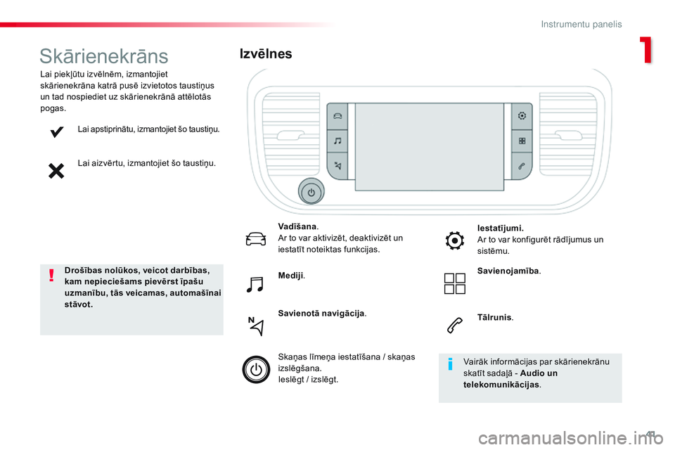 CITROEN JUMPER SPACETOURER 2017  Lietošanas Instrukcija (in Latvian) 41
Spacetourer-VP_lv_Chap01_instruments-de-bord_ed01-2016
Lai apstiprinātu, izmantojiet šo taustiņu.
Lai aizvērtu, izmantojiet šo taustiņu.
Lai piekļūtu izvēlnēm, izmantojiet 
skārienekrān