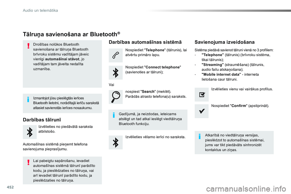 CITROEN JUMPER SPACETOURER 2017  Lietošanas Instrukcija (in Latvian) 452
Spacetourer-VP_lv_Chap10c_RCC-1_ed01-2016
Tālruņa savienošana ar Bluetooth®
Drošības nolūkos Bluetooth 
savienošana ar tālruņa Bluetooth 
brīvroku sistēmu vadītājam jāveic 
vienīgi