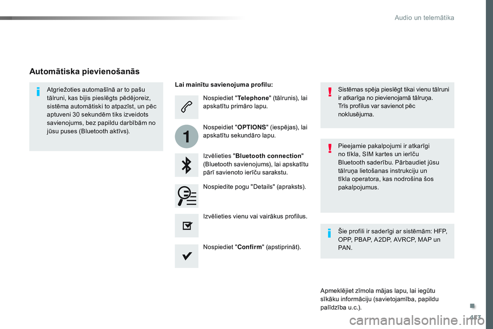 CITROEN JUMPER SPACETOURER 2017  Lietošanas Instrukcija (in Latvian) 453
1
Spacetourer-VP_lv_Chap10c_RCC-1_ed01-2016
Nospiediet "Telephone" (tālrunis), lai 
apskatītu primāro lapu.
Izvēlieties " Bluetooth connection " 
(Bluetooth savienojums), lai a