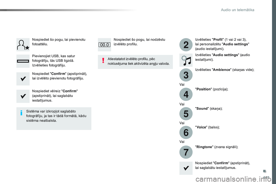 CITROEN JUMPER SPACETOURER 2017  Lietošanas Instrukcija (in Latvian) 465
3
2
4
5
6
7
Spacetourer-VP_lv_Chap10c_RCC-1_ed01-2016
Izvēlieties "Profil" (1 vai 2 vai 3), 
lai personalizētu " Audio settings" 
(audio iestatījumi).
Izvēlieties " Audio s
