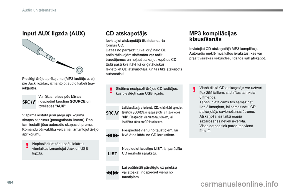 CITROEN JUMPER SPACETOURER 2017 Lietošanas Instrukcija (in Latvian) 484
Input AUX ligzda (AUX)
Pieslēgt ārējo aprīkojumu (MP3 lasītājs u. c.)
pie Jack ligzdas, izmantojot audio kabeli (nav
iekļauts).Vairākas reizes pēc kārtas
nospiediet taustiņu SOURCE CITROEN JUMPER SPACETOURER 2017 Lietošanas Instrukcija (in Latvian) 484
Input AUX ligzda (AUX)
Pieslēgt ārējo aprīkojumu (MP3 lasītājs u. c.)
pie Jack ligzdas, izmantojot audio kabeli (nav
iekļauts).Vairākas reizes pēc kārtas
nospiediet taustiņu SOURCE