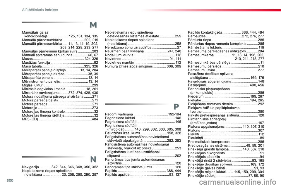 CITROEN JUMPER SPACETOURER 2017  Lietošanas Instrukcija (in Latvian) 500
Spacetourer-VP_lv_Chap11_index-alpha_ed01-2016
Papildu kontaktligzda ................... 388, 444, 484
Pārbaudes .....................................2 72, 276, 277
Pārdurta riepa
 
............