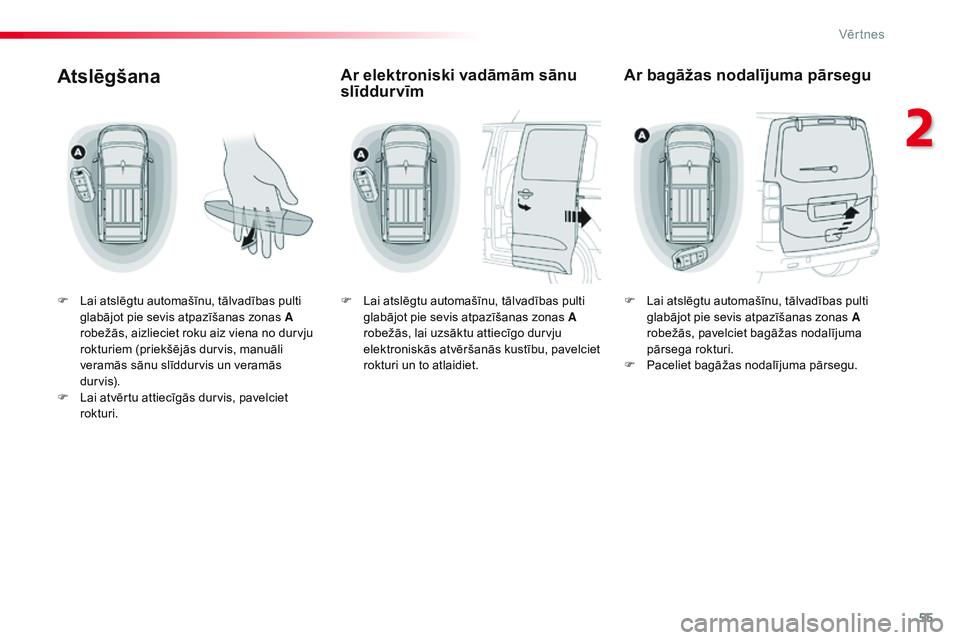 CITROEN JUMPER SPACETOURER 2017 Lietošanas Instrukcija (in Latvian) 55
Spacetourer-VP_lv_Chap02_ouvertures_ed01-2016
Atslēgšana
F Lai atslēgtu automašīnu, tālvadības pulti glabājot pie sevis atpazīšanas zonas A
robežās, aizlieciet roku aiz viena no durvju CITROEN JUMPER SPACETOURER 2017 Lietošanas Instrukcija (in Latvian) 55
Spacetourer-VP_lv_Chap02_ouvertures_ed01-2016
Atslēgšana
F Lai atslēgtu automašīnu, tālvadības pulti glabājot pie sevis atpazīšanas zonas A
robežās, aizlieciet roku aiz viena no durvju