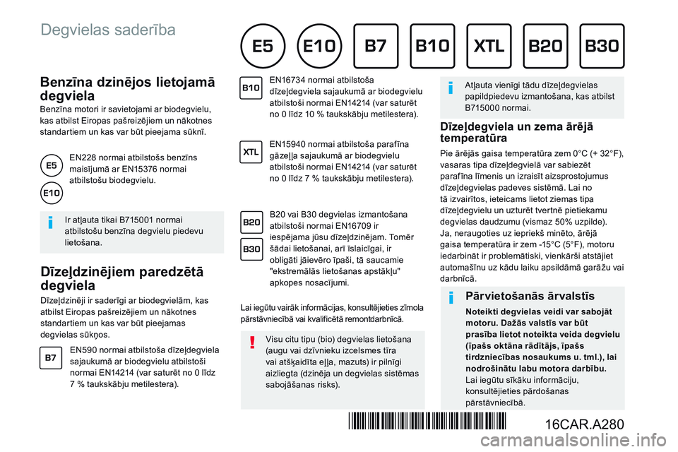 CITROEN JUMPER SPACETOURER 2017 Lietošanas Instrukcija (in Latvian) B e n z ī n a d z i n ē j o s l i e t o j a m ā
degviela
Benzīna motori ir savietojami ar biodegvielu, kas atbilst Eiropas pašreizējiem un nākotnes standartiem un kas var bū CITROEN JUMPER SPACETOURER 2017 Lietošanas Instrukcija (in Latvian) B e n z ī n a d z i n ē j o s l i e t o j a m ā
degviela
Benzīna motori ir savietojami ar biodegvielu, kas atbilst Eiropas pašreizējiem un nākotnes standartiem un kas var bū