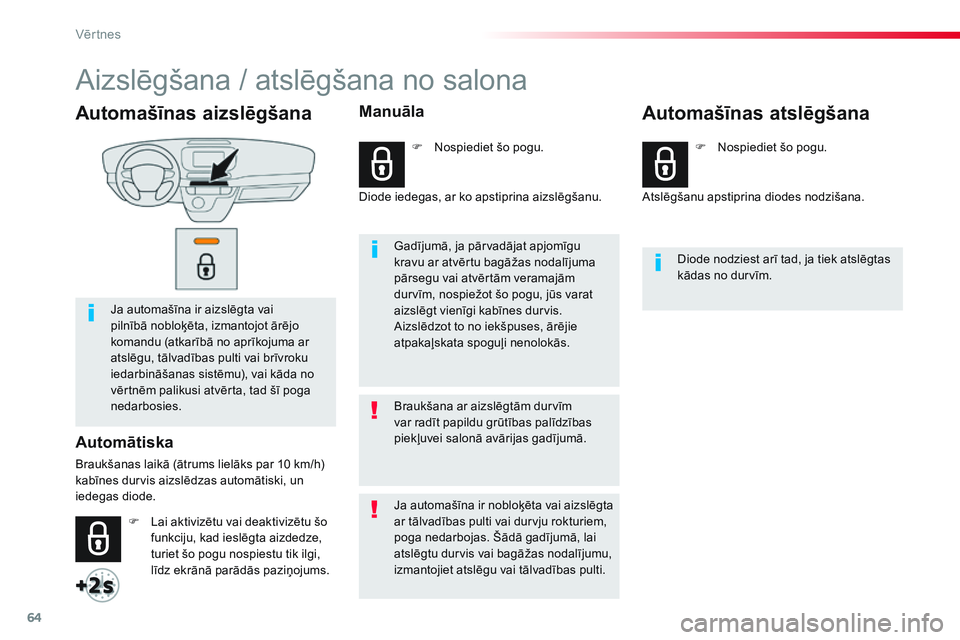 CITROEN JUMPER SPACETOURER 2017 Lietošanas Instrukcija (in Latvian) 64
Spacetourer-VP_lv_Chap02_ouvertures_ed01-2016
Automašīnas aizslēgšana
Ja automašīna ir aizslēgta vai
pilnībā nobloķēta, izmantojot ārējo
komandu (atkarībā no aprīkojuma ar
atslē CITROEN JUMPER SPACETOURER 2017 Lietošanas Instrukcija (in Latvian) 64
Spacetourer-VP_lv_Chap02_ouvertures_ed01-2016
Automašīnas aizslēgšana
Ja automašīna ir aizslēgta vai
pilnībā nobloķēta, izmantojot ārējo
komandu (atkarībā no aprīkojuma ar
atslē