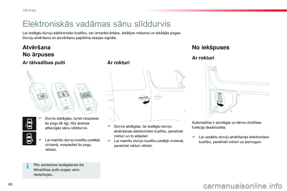 CITROEN JUMPER SPACETOURER 2017 Lietošanas Instrukcija (in Latvian) 68
Spacetourer-VP_lv_Chap02_ouvertures_ed01-2016
Elektroniskās vadāmas sānu slīddurvis
Lai ieslēgtu durvju elektronisko kustību, var izmantot ārējos, iekšējos rokturus un iekšējās pogas.
CITROEN JUMPER SPACETOURER 2017 Lietošanas Instrukcija (in Latvian) 68
Spacetourer-VP_lv_Chap02_ouvertures_ed01-2016
Elektroniskās vadāmas sānu slīddurvis
Lai ieslēgtu durvju elektronisko kustību, var izmantot ārējos, iekšējos rokturus un iekšējās pogas.