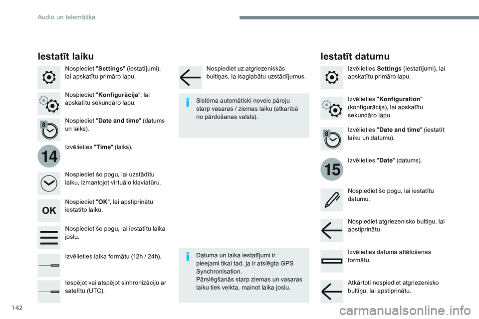CITROEN JUMPER SPACETOURER 2017  Lietošanas Instrukcija (in Latvian) 142
15
14
Transversal-Citroen_lv_Chap02_RCC-2-2-0_ed01-2016
Nospiediet "Settings" (iestatījumi), 
lai apskatītu primāro lapu.
Izvēlieties "Date" (datums).
Izvēlieties "
Time&#