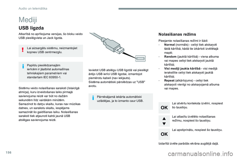 CITROEN JUMPER SPACETOURER 2017 Lietošanas Instrukcija (in Latvian) 156
Mediji
USB ligzda
Atkarībā no aprīkojuma versijas, šo bloku veido
USB pieslēgvieta un Jack ligzda.Ievietot USB atslēgu USB ligzdā vai pieslēgt
ārējo USB ierīci USB ligzdai, izmantojot CITROEN JUMPER SPACETOURER 2017 Lietošanas Instrukcija (in Latvian) 156
Mediji
USB ligzda
Atkarībā no aprīkojuma versijas, šo bloku veido
USB pieslēgvieta un Jack ligzda.Ievietot USB atslēgu USB ligzdā vai pieslēgt
ārējo USB ierīci USB ligzdai, izmantojot