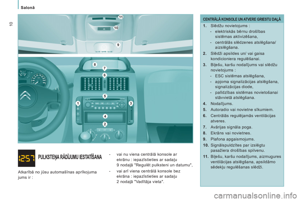CITROEN JUMPER MULTISPACE 2014  Lietošanas Instrukcija (in Latvian) Salonā
10   
CENTRĀLĀ KONSOLE UN ATVERE GRIESTU DAĻĀ 
 
 
 
1. 
 Slēdžu novietojums : 
   
 
-  elektriskās bērnu drošības 
sistēmas aktivizēšana, 
   
-  centrālās slēdzenes atslēg