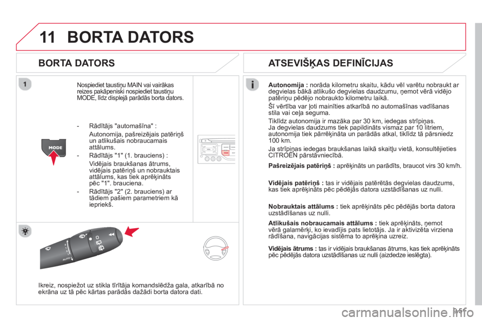 CITROEN JUMPER MULTISPACE 2014  Lietošanas Instrukcija (in Latvian) 9.51
11BORTA DATORS 
   
BORTA DATORS 
Nospiediet taustiņu MAIN vai vairākasreizes pakāpeniski nospiediet taustiņu MODE, līdz displejā parādās borta dators. 
Autonomija :norāda kilometru skai