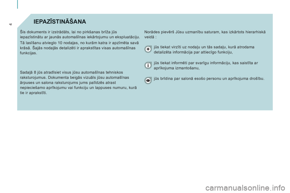 CITROEN JUMPER MULTISPACE 2014  Lietošanas Instrukcija (in Latvian) 4IEPAZĪSTINĀŠANA 
 
Norādes pievērš Jūsu uzmanību saturam, kas izkārtots hierarhiskā 
veidā :    Šis dokuments ir izstrādāts, lai no pirkšanas brīža jūs 
iepazīstinātu ar jaunās a
