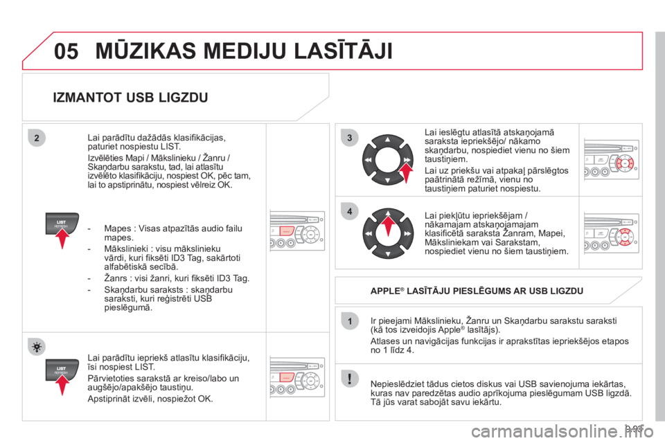 CITROEN JUMPER MULTISPACE 2013  Lietošanas Instrukcija (in Latvian) 9.93
3
4
05
2
1
REFRESH
REFRESH
   
IZMANTOT USB LIGZDU 
 
 
Lai parādītu iepriekš atlasītu klasiﬁ kāciju, īsi nospiest LIST.
  Pārvietoties sarakstā ar kreiso
/labo un
augšējo/apakšējo 