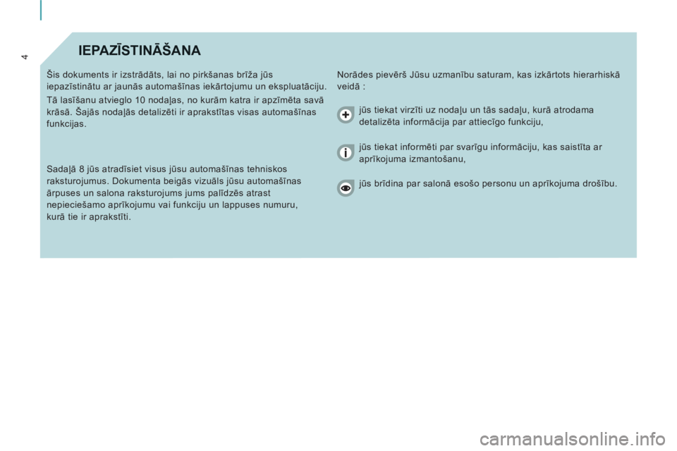 CITROEN JUMPER MULTISPACE 2013  Lietošanas Instrukcija (in Latvian) 4IEPAZĪSTINĀŠANA 
 
Norādes pievērš Jūsu uzmanību saturam, kas izkārtots hierarhiskā 
veidā :    Šis dokuments ir izstrādāts, lai no pirkšanas brīža jūs 
iepazīstinātu ar jaunās a