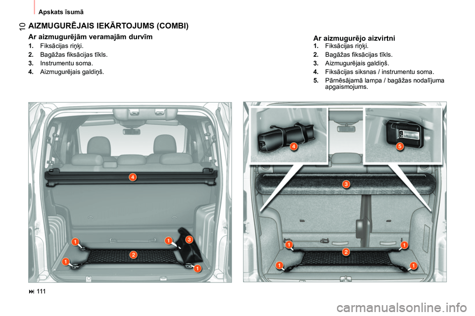 CITROEN NEMO 2014 Lietošanas Instrukcija (in Latvian) 10
Apskats īsumā
Ar aizmugurējo aizvirtni
AIZMUGURĒJAIS IEKĀRTOJUMS (COMBI)
Ar aizmugurējām veramajām durvīm
1.
Fiksācijas riņķi.
2.
Bagāžas fi ksācija CITROEN NEMO 2014 Lietošanas Instrukcija (in Latvian) 10
Apskats īsumā
Ar aizmugurējo aizvirtni
AIZMUGURĒJAIS IEKĀRTOJUMS (COMBI)
Ar aizmugurējām veramajām durvīm
1.
Fiksācijas riņķi.
2.
Bagāžas fi ksācija