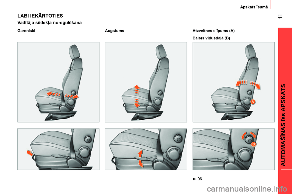 CITROEN NEMO 2014 Lietošanas Instrukcija (in Latvian) 11
AUTOMAŠĪNAS īss APSKATS
Apskats īsumā
LABI IEKĀRTOTIES
Va dītāja sēdekļa noregulēšana
Gareniski
Augstums
Atzveltnes slīpums (A)
Balsts vidusdaļā (B)
CITROEN NEMO 2014 Lietošanas Instrukcija (in Latvian) 11
AUTOMAŠĪNAS īss APSKATS
Apskats īsumā
LABI IEKĀRTOTIES
Va dītāja sēdekļa noregulēšana
Gareniski
Augstums
Atzveltnes slīpums (A)
Balsts vidusdaļā (B)