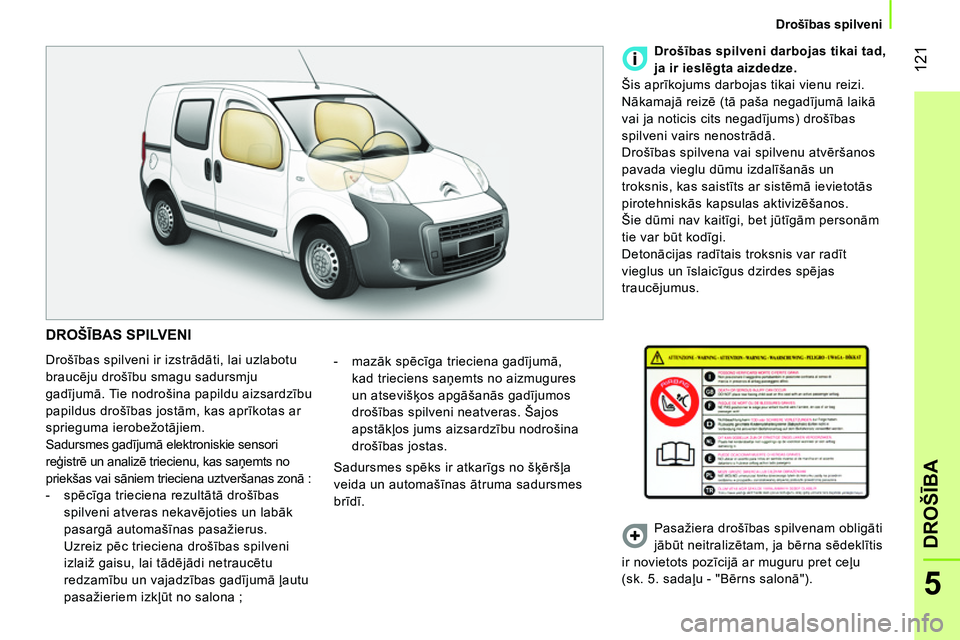 CITROEN NEMO 2014  Lietošanas Instrukcija (in Latvian)  121
5
DROŠĪBA
 
 
 
Drošības spilveni  
 
 
DROŠĪBAS SPILVENI 
 
Drošības spilveni ir izstrādāti, lai uzlabotu 
braucēju drošību smagu sadursmju 
gadījumā. Tie nodrošina papildu aizsa