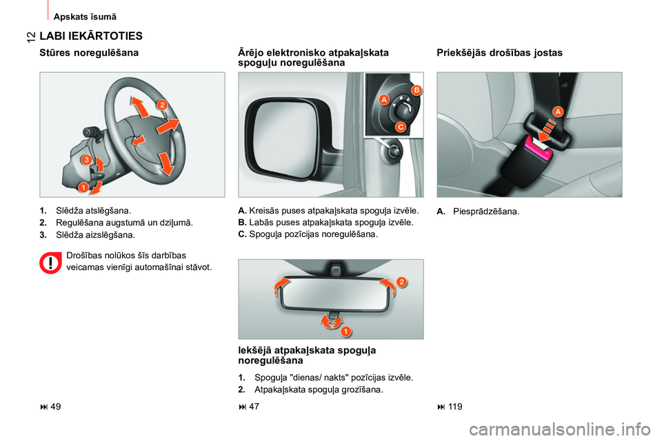 CITROEN NEMO 2014 Lietošanas Instrukcija (in Latvian) 12
Apskats īsumā
Priekšējās drošības jostas
A.
Piesprādzēšana.
LABI IEKĀRTOTIES
1.
Slēdža atslēgšana.
2.
Regulēšana augstumā un dziļumā.
CITROEN NEMO 2014 Lietošanas Instrukcija (in Latvian) 12
Apskats īsumā
Priekšējās drošības jostas
A.
Piesprādzēšana.
LABI IEKĀRTOTIES
1.
Slēdža atslēgšana.
2.
Regulēšana augstumā un dziļumā.