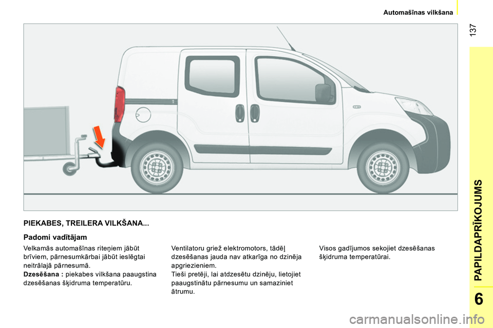 CITROEN NEMO 2014  Lietošanas Instrukcija (in Latvian)  137
6
PAPILDAPRĪKOJUMS
 
 
 
Automašīnas vilkšana  
 
 
PIEKABES, TREILERA VILKŠANA... 
 
 
Padomi vadītājam 
 
Ventilatoru griež elektromotors, tādēļ 
dzesēšanas jauda nav atkarīga no 