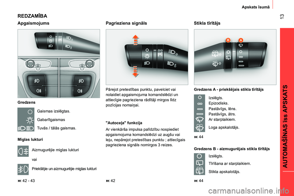 CITROEN NEMO 2014 Lietošanas Instrukcija (in Latvian) 13
AUTOMAŠĪNAS īss APSKATS
Apskats īsumā
REDZAMĪBA
Gredzens
Gaismas izslēgtas.
Gabarītgaismas
Tuvās / tālās gaismas.
Miglas lukturi
Aizmugurējie miglas lukturi
CITROEN NEMO 2014 Lietošanas Instrukcija (in Latvian) 13
AUTOMAŠĪNAS īss APSKATS
Apskats īsumā
REDZAMĪBA
Gredzens
Gaismas izslēgtas.
Gabarītgaismas
Tuvās / tālās gaismas.
Miglas lukturi
Aizmugurējie miglas lukturi