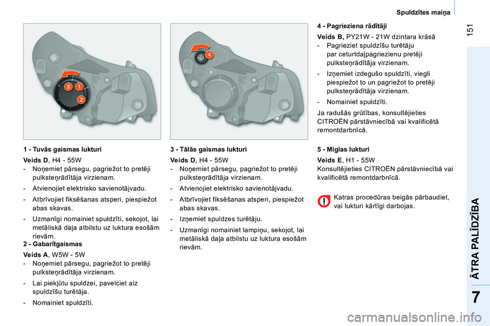 CITROEN NEMO 2014 Lietošanas Instrukcija (in Latvian) 151
7
ĀTRA PALĪDZĪBA
Spuldzītes maiņa
1 - Tuvās gaismas lukturi
Veids D
, H4 - 55W
- Noņemiet pārsegu, pagriežot to pretēji
pulksteņrādītāja virzienam.
CITROEN NEMO 2014 Lietošanas Instrukcija (in Latvian) 151
7
ĀTRA PALĪDZĪBA
Spuldzītes maiņa
1 - Tuvās gaismas lukturi
Veids D
, H4 - 55W
- Noņemiet pārsegu, pagriežot to pretēji
pulksteņrādītāja virzienam.