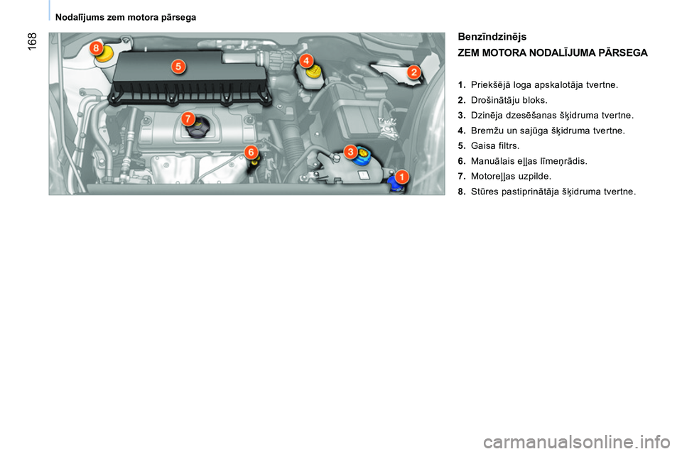 CITROEN NEMO 2014 Lietošanas Instrukcija (in Latvian) 168
Nodalījums zem motora pārsega
Benzīndzinējs
ZEM MOTORA NODALĪJUMA PĀRSEGA
1. Priekšējā loga apskalotāja tvertne.
2. Drošinātāju bloks.
3. Dzinēja dzes CITROEN NEMO 2014 Lietošanas Instrukcija (in Latvian) 168
Nodalījums zem motora pārsega
Benzīndzinējs
ZEM MOTORA NODALĪJUMA PĀRSEGA
1. Priekšējā loga apskalotāja tvertne.
2. Drošinātāju bloks.
3. Dzinēja dzes