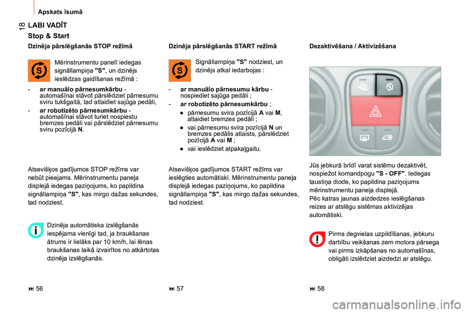 CITROEN NEMO 2014 Lietošanas Instrukcija (in Latvian) 18
Apskats īsumā
LABI VADĪT
Stop & Start
- ar manuālo pārnesumkārbu -
automašīnai stāvot pārslēdziet pārnesumu
sviru tukšgaitā, tad atlaidiet sajūga pedāli,
CITROEN NEMO 2014 Lietošanas Instrukcija (in Latvian) 18
Apskats īsumā
LABI VADĪT
Stop & Start
- ar manuālo pārnesumkārbu -
automašīnai stāvot pārslēdziet pārnesumu
sviru tukšgaitā, tad atlaidiet sajūga pedāli,