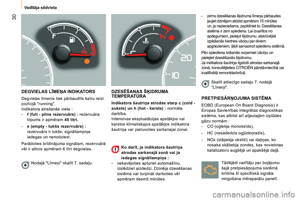 CITROEN NEMO 2014 Lietošanas Instrukcija (in Latvian) 30
Va dītāja sēdvieta
DEGVIELAS LĪMEŅA INDIKATORS
Degvielas līmenis tiek pārbaudīts katru reizi
pozīcijā "running".
Indikatora atrašanās vieta :
- f (full - pilns rezerv CITROEN NEMO 2014 Lietošanas Instrukcija (in Latvian) 30
Va dītāja sēdvieta
DEGVIELAS LĪMEŅA INDIKATORS
Degvielas līmenis tiek pārbaudīts katru reizi
pozīcijā "running".
Indikatora atrašanās vieta :
- f (full - pilns rezerv