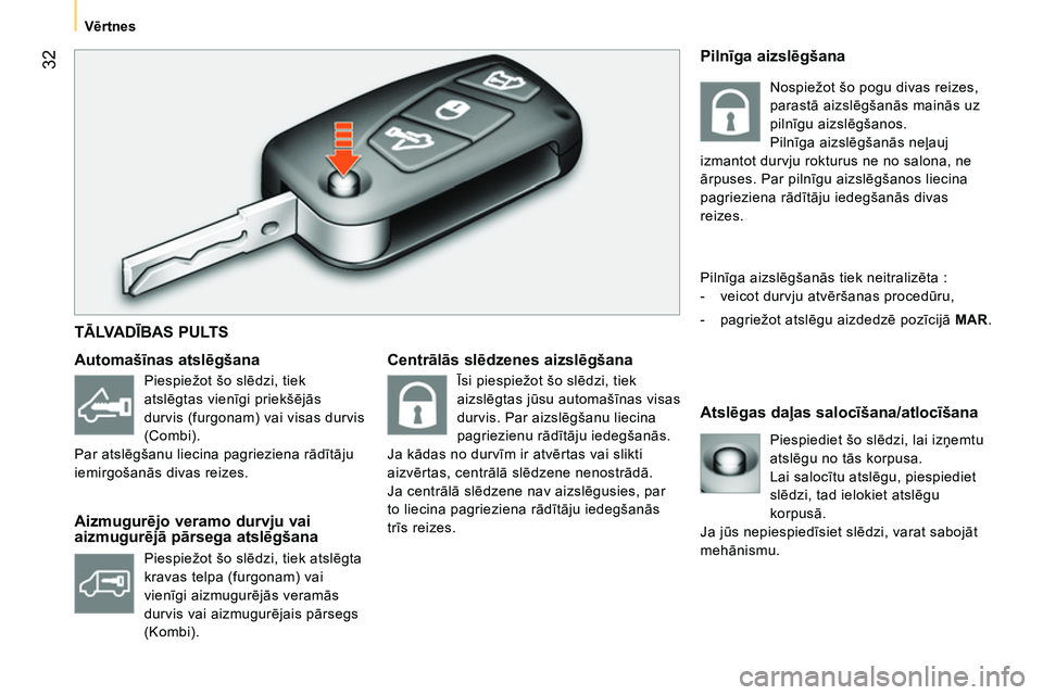 CITROEN NEMO 2014 Lietošanas Instrukcija (in Latvian) 32
Vērtnes
Centrālās slēdzenes aizslēgšana
Atslēgas daļas salocīšana/atlocīšana
Automašīnas atslēgšana
Aizmugurējo veramo durvju vai
aizmugurējā pārs CITROEN NEMO 2014 Lietošanas Instrukcija (in Latvian) 32
Vērtnes
Centrālās slēdzenes aizslēgšana
Atslēgas daļas salocīšana/atlocīšana
Automašīnas atslēgšana
Aizmugurējo veramo durvju vai
aizmugurējā pārs