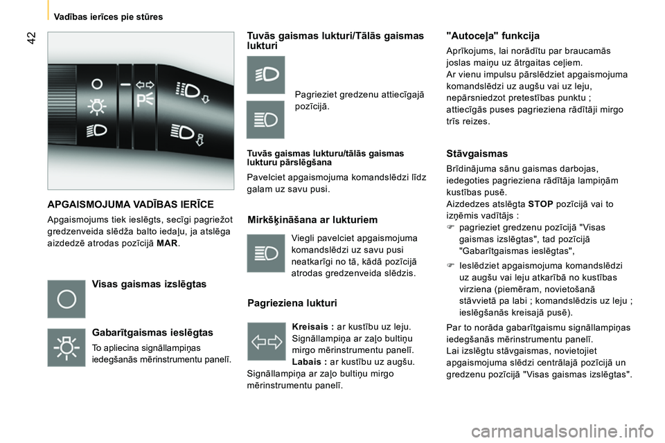 CITROEN NEMO 2014 Lietošanas Instrukcija (in Latvian) 42
Va dības ierīces pie stūres
APGAISMOJUMA VADĪBAS IERĪCE
Apgaismojums tiek ieslēgts, secīgi pagriežot
gredzenveida slēdža balto iedaļu, ja atslēga
aizdedzē atrodas poz CITROEN NEMO 2014 Lietošanas Instrukcija (in Latvian) 42
Va dības ierīces pie stūres
APGAISMOJUMA VADĪBAS IERĪCE
Apgaismojums tiek ieslēgts, secīgi pagriežot
gredzenveida slēdža balto iedaļu, ja atslēga
aizdedzē atrodas poz