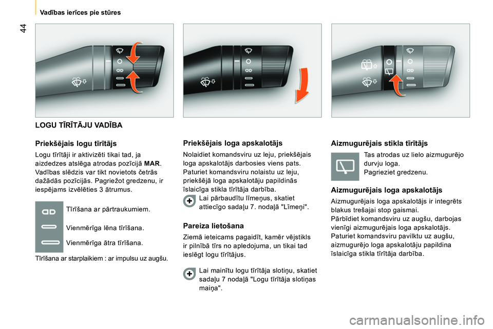 CITROEN NEMO 2014 Lietošanas Instrukcija (in Latvian) 44
Va dības ierīces pie stūres
LOGU TĪRĪTĀJU VADĪBA
Priekšējais logu tīrītājs
Logu tīrītāji ir aktivizēti tikai tad, ja
aizdedzes atslēga atrodas pozīcijā MAR CITROEN NEMO 2014 Lietošanas Instrukcija (in Latvian) 44
Va dības ierīces pie stūres
LOGU TĪRĪTĀJU VADĪBA
Priekšējais logu tīrītājs
Logu tīrītāji ir aktivizēti tikai tad, ja
aizdedzes atslēga atrodas pozīcijā MAR
