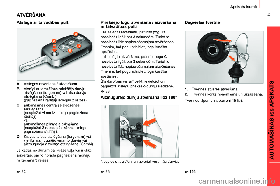 CITROEN NEMO 2014 Lietošanas Instrukcija (in Latvian) 5
AUTOMAŠĪNAS īss APSKATS
Apskats īsumā
AT VĒRŠANA
Atslēga ar tālvadības pulti
A.
Atslēgas atvēršana / aizvēršana.
B.
Vienīgi automašīnas priekšējo durvju
CITROEN NEMO 2014 Lietošanas Instrukcija (in Latvian) 5
AUTOMAŠĪNAS īss APSKATS
Apskats īsumā
AT VĒRŠANA
Atslēga ar tālvadības pulti
A.
Atslēgas atvēršana / aizvēršana.
B.
Vienīgi automašīnas priekšējo durvju