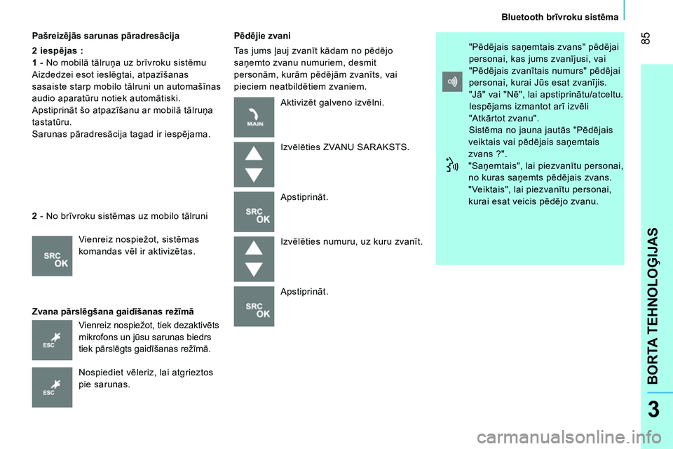 CITROEN NEMO 2014 Lietošanas Instrukcija (in Latvian) 85
BORTA TEHNOLOĢIJAS
Bluetooth brīvroku sistēma
3
Pašreizējās sarunas pāradresācija
2 iespējas :
1
- No mobilā tālruņa uz brīvroku sistēmu
Aizdedzei esot ies CITROEN NEMO 2014 Lietošanas Instrukcija (in Latvian) 85
BORTA TEHNOLOĢIJAS
Bluetooth brīvroku sistēma
3
Pašreizējās sarunas pāradresācija
2 iespējas :
1
- No mobilā tālruņa uz brīvroku sistēmu
Aizdedzei esot ies