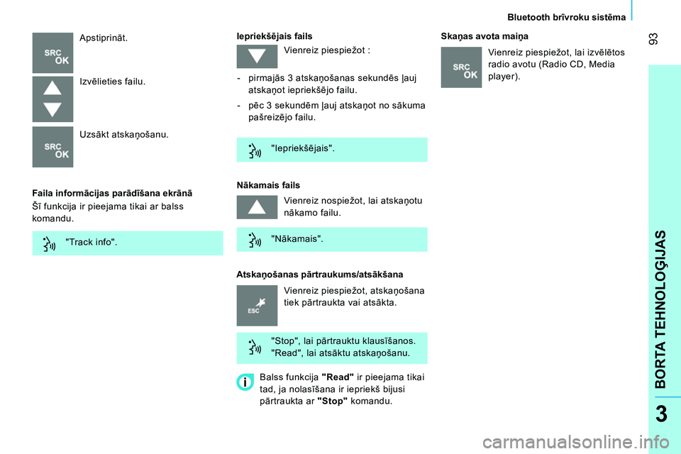 CITROEN NEMO 2014 Lietošanas Instrukcija (in Latvian) 93
BORTA TEHNOLOĢIJAS
Bluetooth brīvroku sistēma
3
Faila informācijas parādīšana ekrānā
Iepriekšējais fails
Apstiprināt.
Atskaņošanas pārtraukums/atsākšana CITROEN NEMO 2014 Lietošanas Instrukcija (in Latvian) 93
BORTA TEHNOLOĢIJAS
Bluetooth brīvroku sistēma
3
Faila informācijas parādīšana ekrānā
Iepriekšējais fails
Apstiprināt.
Atskaņošanas pārtraukums/atsākšana