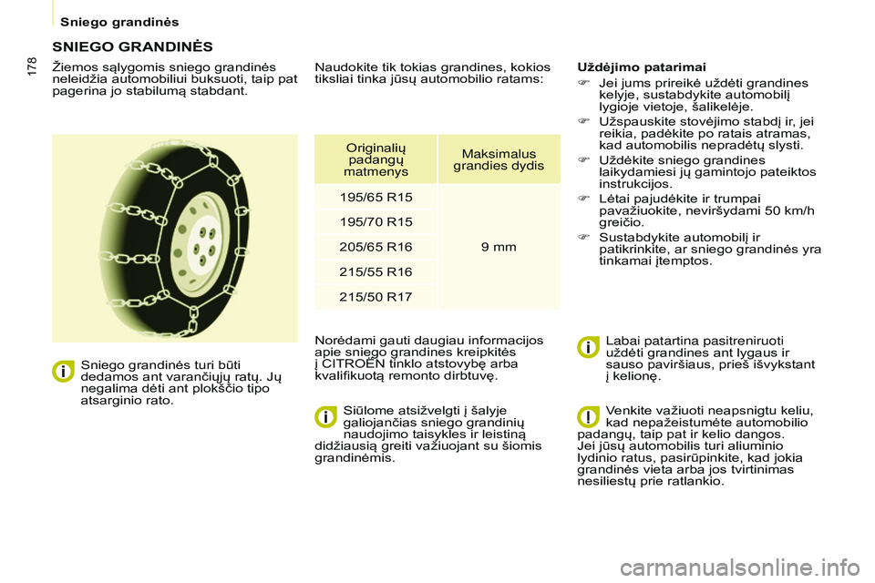 CITROEN BERLINGO MULTISPACE 2015 Eksploatavimo vadovas (in Lithuanian) 178
Berlingo-2-VP_lt_Chap08_aide-rapide_ed01-2015Berlingo-2-VP_lt_Chap08_aide-rapide_ed01-2015
SNIEGO GRANDINĖS
Žiemos sąlygomis sniego grandinės
neleidžia automobiliui buksuoti, taip pat
pager CITROEN BERLINGO MULTISPACE 2015 Eksploatavimo vadovas (in Lithuanian) 178
Berlingo-2-VP_lt_Chap08_aide-rapide_ed01-2015Berlingo-2-VP_lt_Chap08_aide-rapide_ed01-2015
SNIEGO GRANDINĖS
Žiemos sąlygomis sniego grandinės
neleidžia automobiliui buksuoti, taip pat
pager