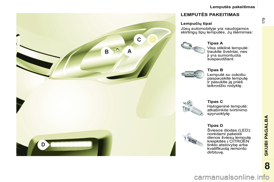 CITROEN BERLINGO MULTISPACE 2015 Eksploatavimo vadovas (in Lithuanian) 179
Berlingo-2-VP_lt_Chap08_aide-rapide_ed01-2015Berlingo-2-VP_lt_Chap08_aide-rapide_ed01-2015
LEMPUTĖS PAKEITIMAS
Tipas A
Visa stiklinė lemputė:
traukite švelniai, nes
ji yra sumontuota
suspau CITROEN BERLINGO MULTISPACE 2015 Eksploatavimo vadovas (in Lithuanian) 179
Berlingo-2-VP_lt_Chap08_aide-rapide_ed01-2015Berlingo-2-VP_lt_Chap08_aide-rapide_ed01-2015
LEMPUTĖS PAKEITIMAS
Tipas A
Visa stiklinė lemputė:
traukite švelniai, nes
ji yra sumontuota
suspau