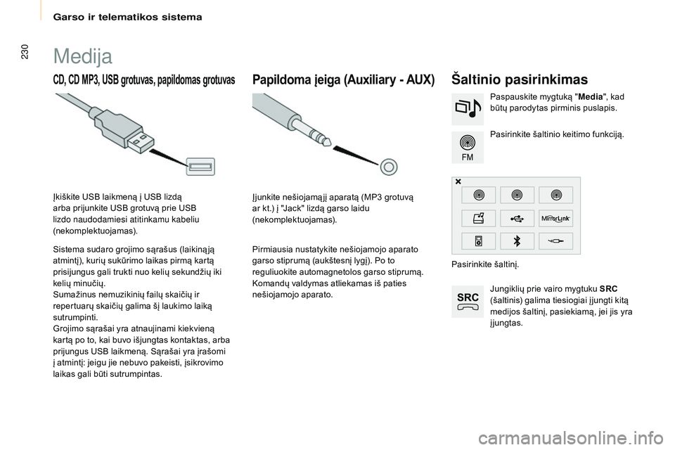 CITROEN BERLINGO MULTISPACE 2015  Eksploatavimo vadovas (in Lithuanian) 230
Berlingo-2-VP_lt_Chap10a_sMEGplus_ed01-2015
Medija
CD, CD MP3, USB grotuvas, papildomas grotuvasŠaltinio pasirinkimas
Jungiklių prie vairo mygtuku SRC 
(šaltinis) galima tiesiogiai į jungti ki