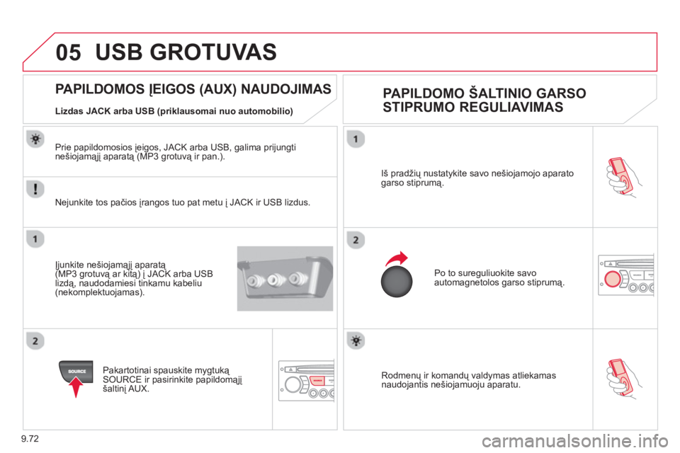 CITROEN BERLINGO ELECTRIC 2015  Eksploatavimo vadovas (in Lithuanian) 9.72
05
  Rodmenų ir komandų valdymas atliekamasnaudojantis nešiojamuoju aparatu. Iš pradžių nustat
ykite savo nešiojamojo aparato
garso stiprumą. 
 
Po to sureguliuokite savo
automagnetolos g