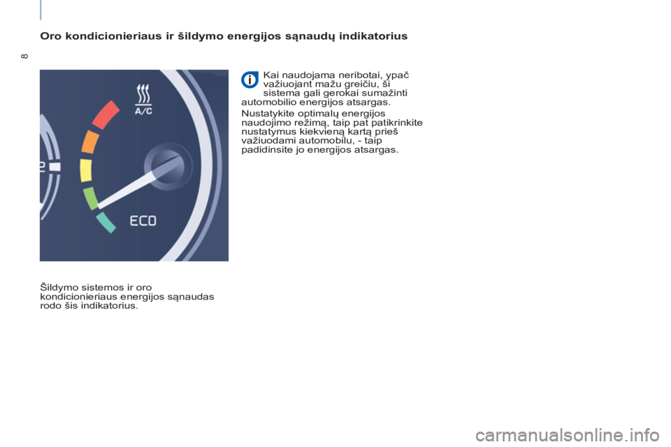 CITROEN BERLINGO ELECTRIC 2015 Eksploatavimo vadovas (in Lithuanian) 8
Oro kondicionieriaus ir šildymo energijos sąnaudų indikatorius
Šildymo sistemos ir oro
kondicionieriaus energijos sąnaudas
rodo šis indikatorius. Kai naudojama neribotai, ypač
va CITROEN BERLINGO ELECTRIC 2015 Eksploatavimo vadovas (in Lithuanian) 8
Oro kondicionieriaus ir šildymo energijos sąnaudų indikatorius
Šildymo sistemos ir oro
kondicionieriaus energijos sąnaudas
rodo šis indikatorius. Kai naudojama neribotai, ypač
va