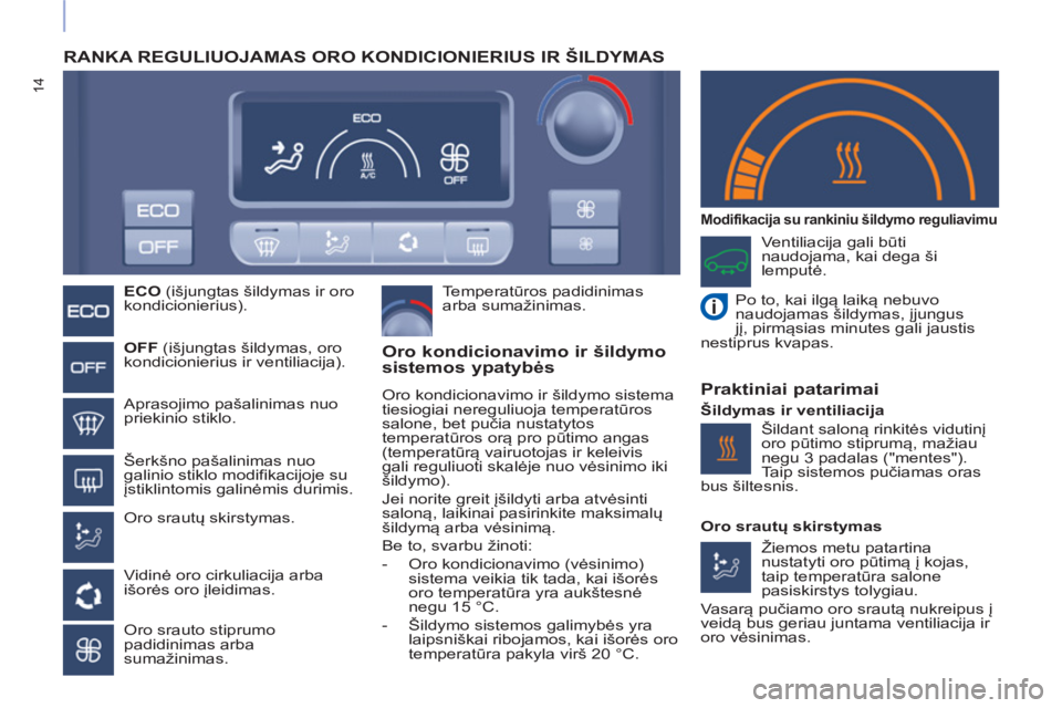 CITROEN BERLINGO ELECTRIC 2015  Eksploatavimo vadovas (in Lithuanian) 14
  RANKA REGULIUOJAMAS ORO KONDICIONIERIUS IR ŠILDYMAS  
 
 
 
ECO 
 (išjungtas šildymas ir oro 
kondicionierius).  
   
 
OFF 
 (išjungtas šildymas, oro 
kondicionierius ir ventiliacija).  
   CITROEN BERLINGO ELECTRIC 2015  Eksploatavimo vadovas (in Lithuanian) 14
  RANKA REGULIUOJAMAS ORO KONDICIONIERIUS IR ŠILDYMAS  
 
 
 
ECO 
 (išjungtas šildymas ir oro 
kondicionierius).  
   
 
OFF 
 (išjungtas šildymas, oro 
kondicionierius ir ventiliacija).