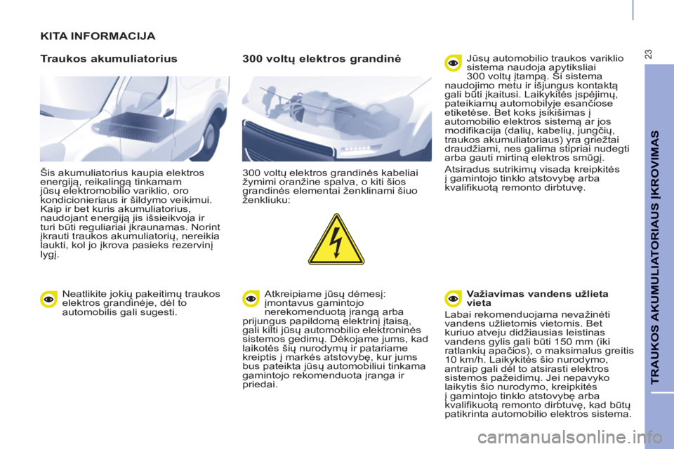 CITROEN BERLINGO ELECTRIC 2015  Eksploatavimo vadovas (in Lithuanian) 23
TRAUKOS AKUMULIATORIAUS ĮKROVIMAS 
 
KITA INFORMACIJA 
   
Traukos akumuliatorius 
 
Šis akumuliatorius kaupia elektros 
energiją, reikalingą tinkamam 
jūsų elektromobilio variklio, oro 
kond CITROEN BERLINGO ELECTRIC 2015  Eksploatavimo vadovas (in Lithuanian) 23
TRAUKOS AKUMULIATORIAUS ĮKROVIMAS 
 
KITA INFORMACIJA 
   
Traukos akumuliatorius 
 
Šis akumuliatorius kaupia elektros 
energiją, reikalingą tinkamam 
jūsų elektromobilio variklio, oro 
kond