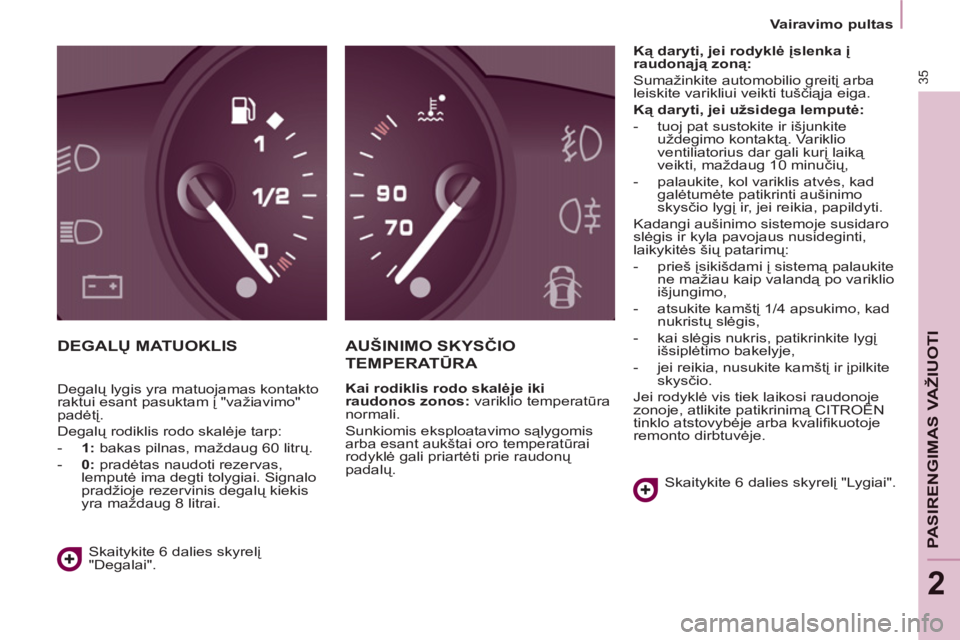 CITROEN BERLINGO ELECTRIC 2015 Eksploatavimo vadovas (in Lithuanian) 2
Vairavimo pultas
35
PASIRENGIMAS VAŽIUOTI
DEGALŲ MATUOKLIS AU CITROEN BERLINGO ELECTRIC 2015 Eksploatavimo vadovas (in Lithuanian) 2
Vairavimo pultas
35
PASIRENGIMAS VAŽIUOTI
DEGALŲ MATUOKLIS AU