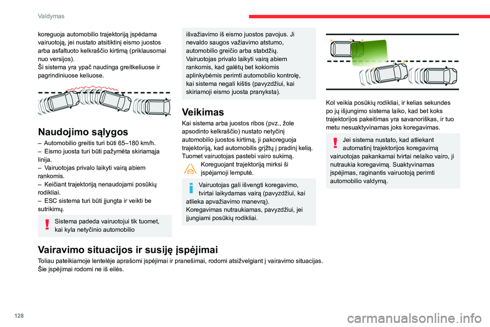 CITROEN BERLINGO VAN 2021 Eksploatavimo vadovas (in Lithuanian) 128
Valdymas
koreguoja automobilio trajektoriją įspėdama
vairuotoją, jei nustato atsitiktinį eismo juostos
arba asfaltuoto kelkraščio kirtimą (priklausomai
nuo versijos).
Ši sistema yra yp CITROEN BERLINGO VAN 2021 Eksploatavimo vadovas (in Lithuanian) 128
Valdymas
koreguoja automobilio trajektoriją įspėdama
vairuotoją, jei nustato atsitiktinį eismo juostos
arba asfaltuoto kelkraščio kirtimą (priklausomai
nuo versijos).
Ši sistema yra yp