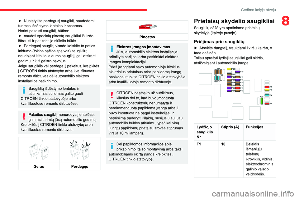 CITROEN BERLINGO VAN 2021 Eksploatavimo vadovas (in Lithuanian) 171
Gedimo kelyje atveju
8► Nustatykite perdegusį saugiklį, naudodami
turimas išdėstymo lenteles ir schemas.
Norint pakeisti saugiklį, būtina:
►
naudoti specialų pincetą saugikliui iš CITROEN BERLINGO VAN 2021 Eksploatavimo vadovas (in Lithuanian) 171
Gedimo kelyje atveju
8► Nustatykite perdegusį saugiklį, naudodami
turimas išdėstymo lenteles ir schemas.
Norint pakeisti saugiklį, būtina:
►
naudoti specialų pincetą saugikliui iš